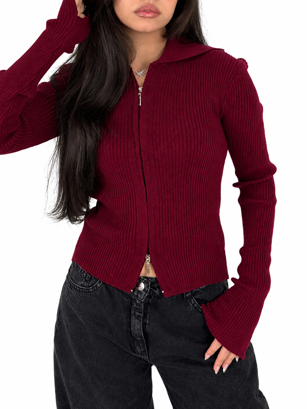Burgundy Double Zipper Pullover